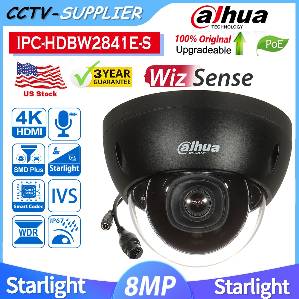 

Dahua WizSense Black IPC-HDBW2841E-S Starlight 4K 8MP Vandal Dome POE SMD Plus IP Camera IR MIC SD Slot IVS 3-Axis