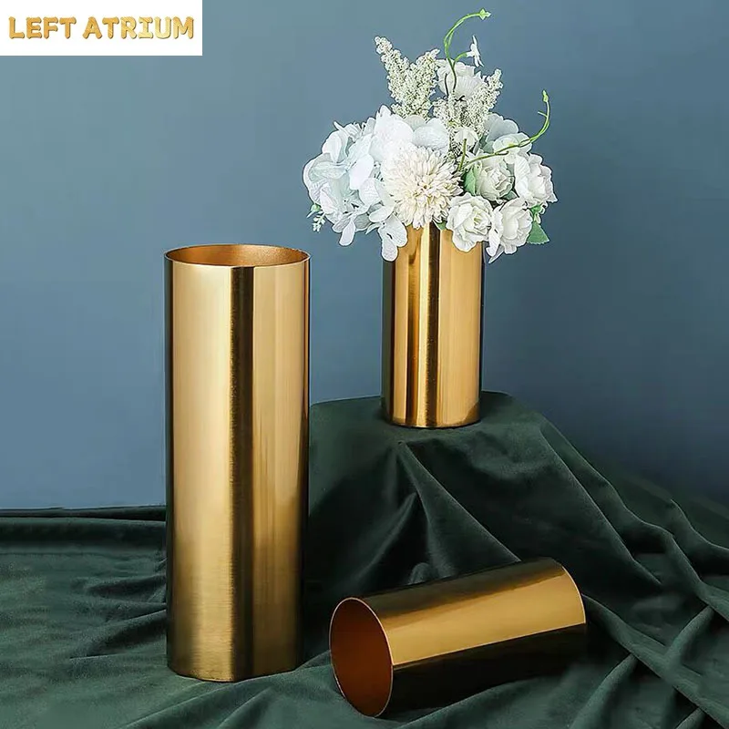 Gold Plated Cylinder Vase Desk Decoration Crafts Minimalist Vases Flowers Pots Decorative Flower Arrangement Modern Home Decor