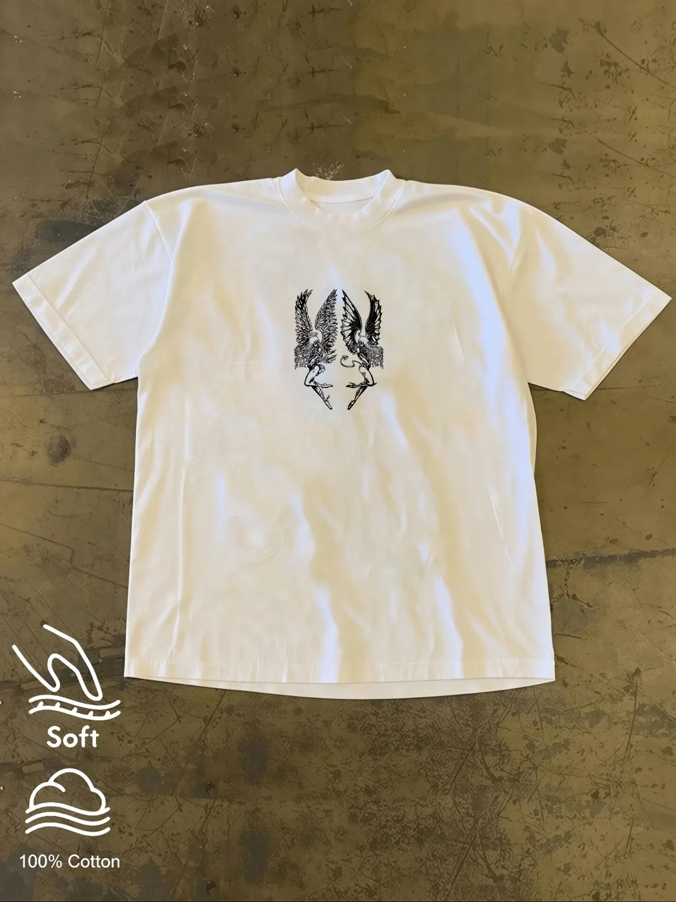 Percent Crew Neck Short Sleeve T-Shirt Y2K Dark Subculture Angel and Demon Double-Sided Unisex Front and Back Print Street Style