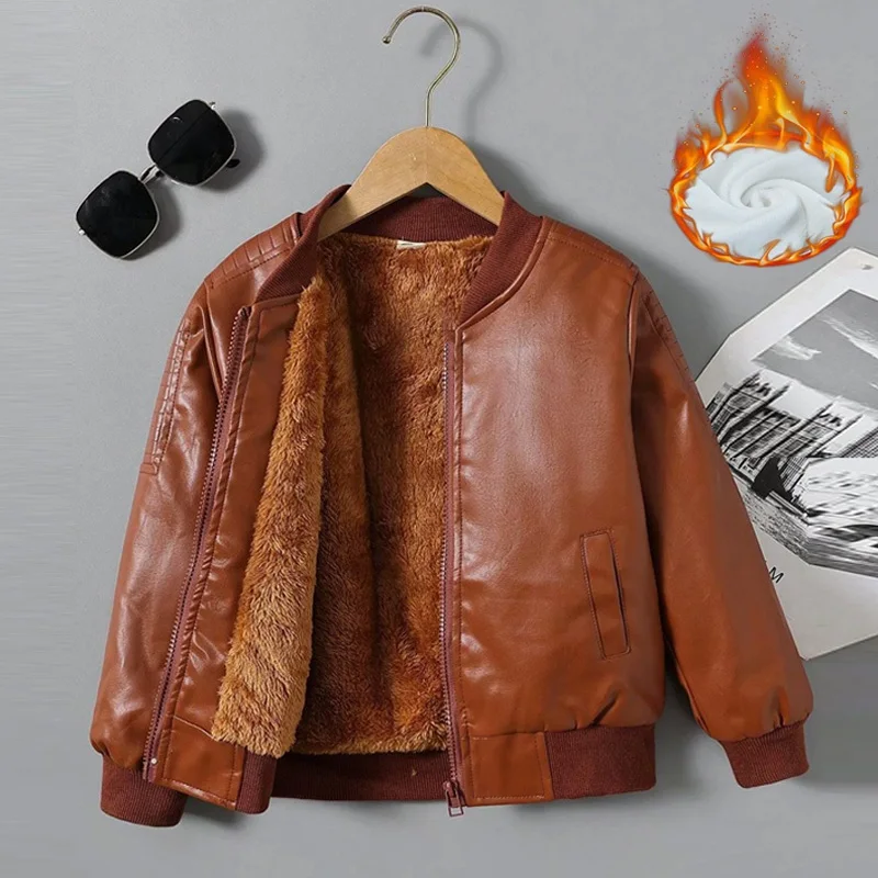 Chaquetas de cuero grueso para niños de 2 a 14 años, abrigos de terciopelo de felpa de invierno para niñas, prendas de vestir exteriores cálidas de cuero PU, ropa de moda de otoño para niños