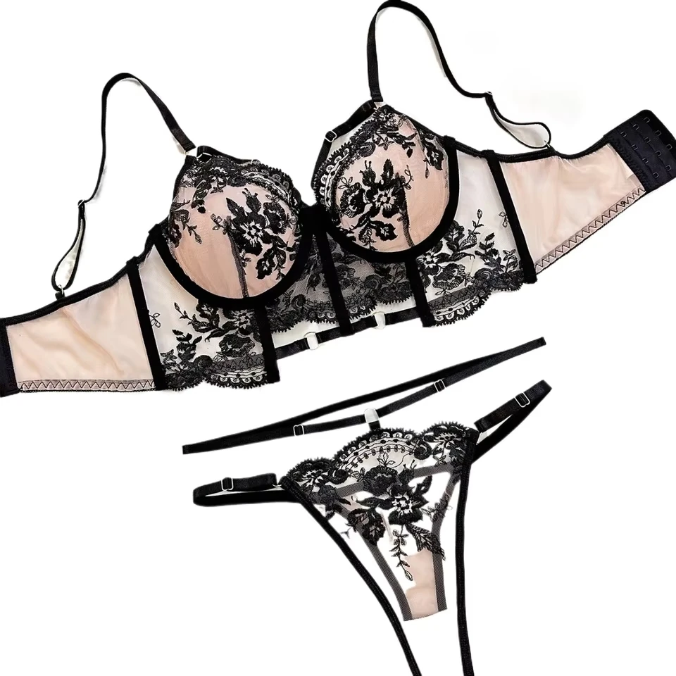 Fashion French See Through Embroidery Bra Panty Women Floral Flowers Pattern Gorgeous Charming Stunning Sexy Lingerie Set