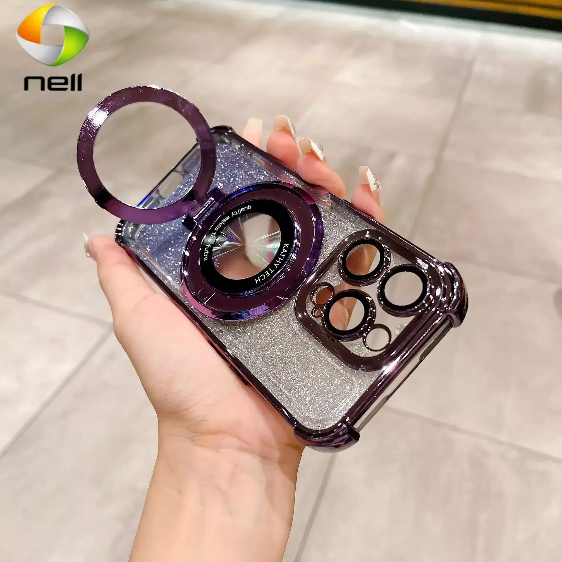 Suitable for iPhone 15promax Glitter Magnetic Holder Phone Case 14plus Four Corner Airbag 13 Pro Lens Film 12 Protection Cover