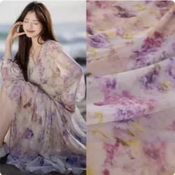 Romantic Purple Flower Smudge Print Chiffon Fabric, Thin, Soft, Transparent, Shirt Dress, Han Cloth, Sewing Tissue, T2156