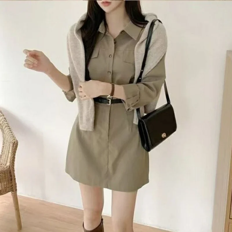 Women's Safari Style Mini Polo Dress 2025 Spring Autumn Lady Graceful Pure Color Slim Dresses with Waistbelt Black Clothing