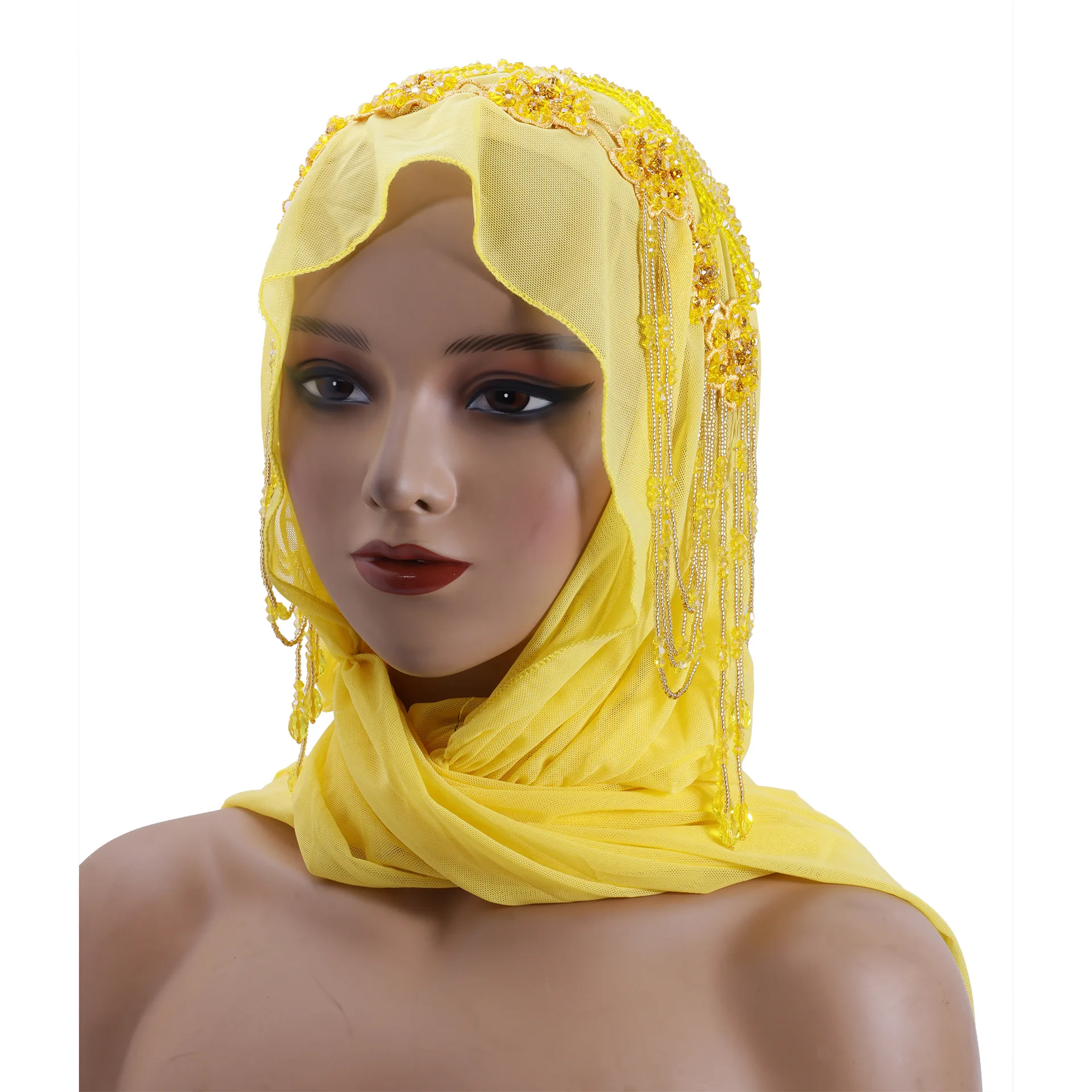 Elegant Women Beading Tassel Flower Turban Amira Shawls Wrap Fashion Headscarf Arabic Scarves Soft Comfortable for Wedding Party