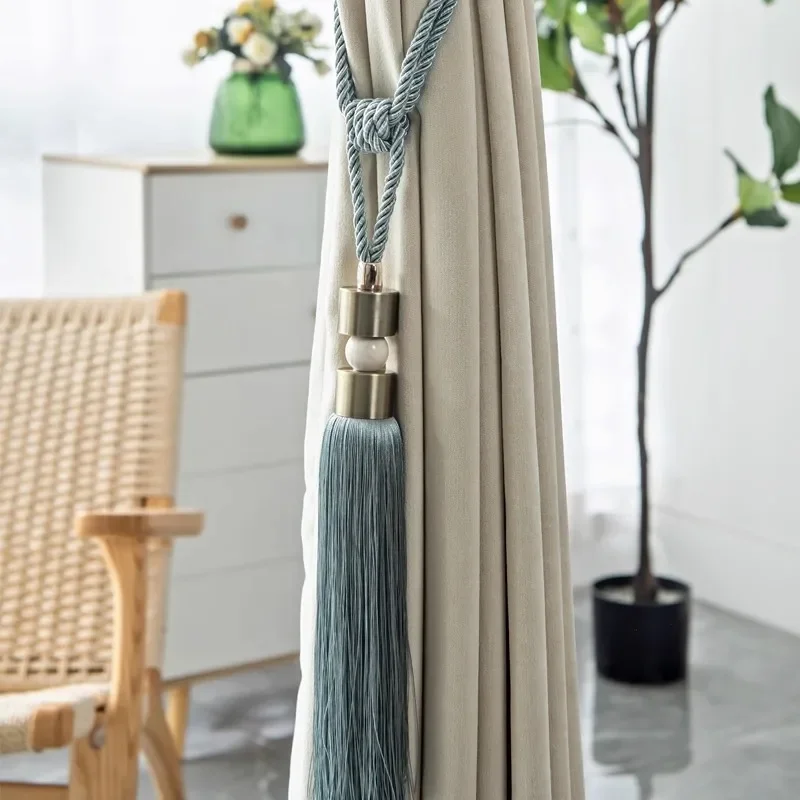 1 pair of modern Chinese curtains with hanging balls, tying balls, hooks and straps, simple living room, bedroom, versatile deco