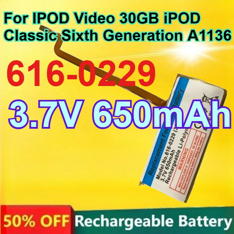 

616-0229 3.7V 6500mAh Lithium Battery for IPOD Video 30GB iPOD Classic Sixth Generation A1136 Rechargeable Battery