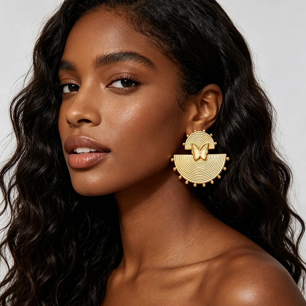 18K vergoldetes, fächerförmiges Schmetterlings-Ohrringe- und Ring-Set für Damen, luxuriöses Accessoire für Hochzeiten und Partys, Geschenk. – Detail 1