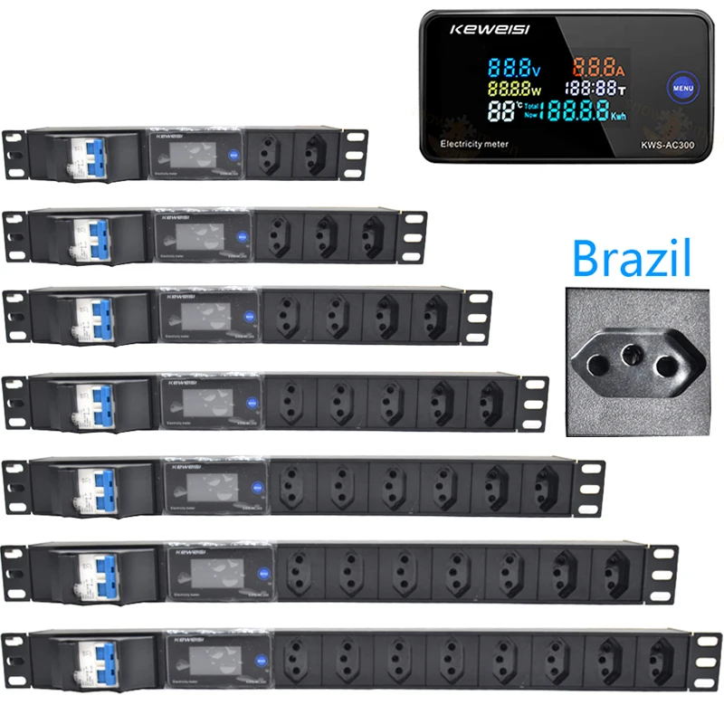 Brazil Power Strip 2/3/4/5/6/7/8 Socket with Ampere/Volt/Watt Digital Display Meter Network Cabinet Rack  Mount