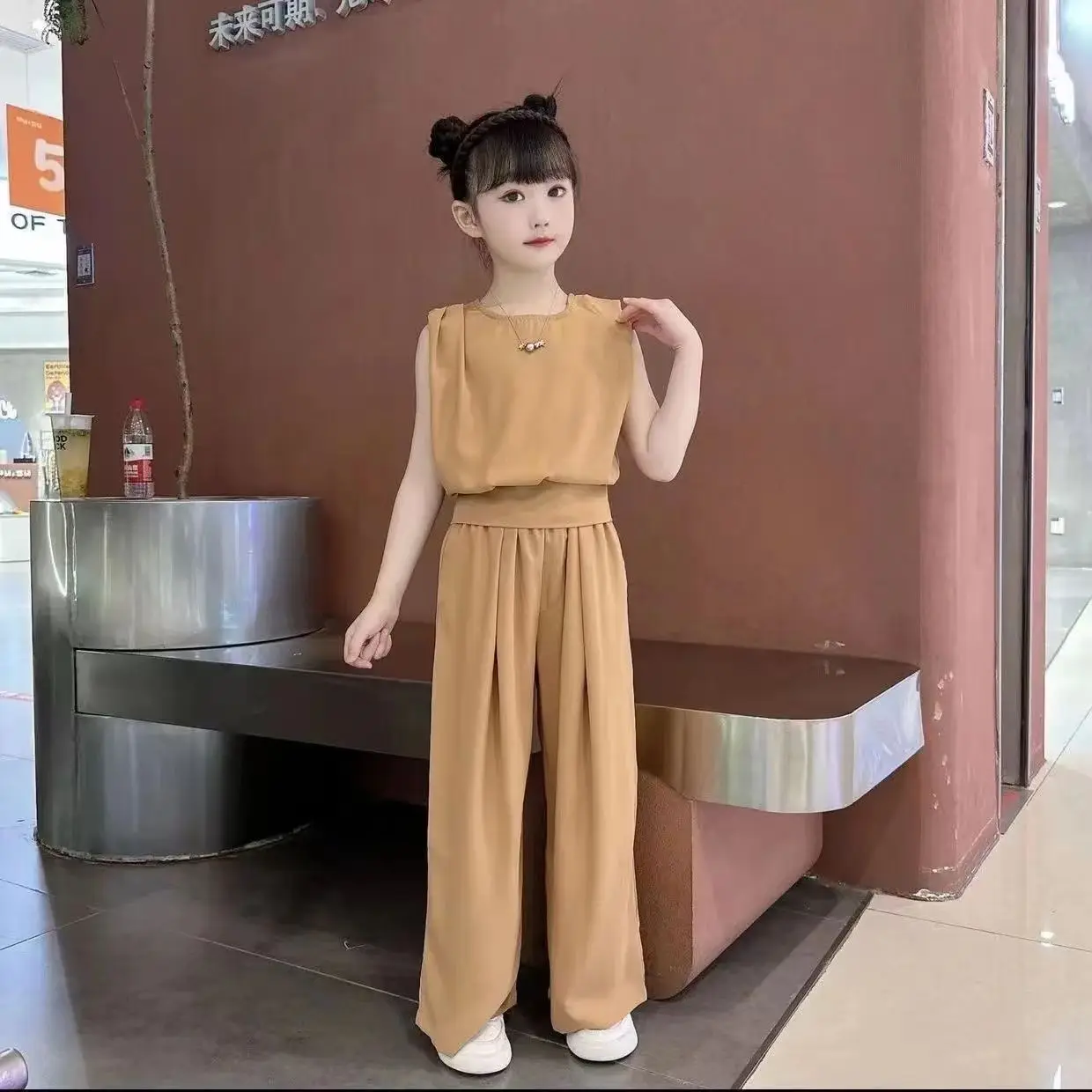 Summer 2024 Teen Girls Clothes Sets Children Sleeveless T-shirts + Wide Leg Pants 2PCS School Kids Clothing Suit 8 10 12 14 Year