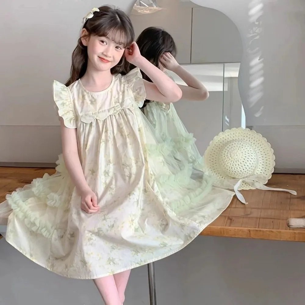 

Плиссированное детское сетчатое платье с цветочным принтом и оборками, свободная юбка без рукавов для девочек с пышными рукавами, повседневное детское платье принцессы с круглым вырезом