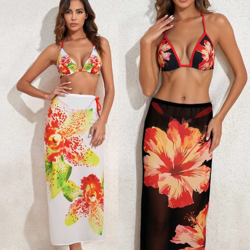 

2026 Three-Piece Swimwear Women Swimsuit with Skirt Halter Bikini Set Women Brazilian Bathing Suit A LineSkirt Купальник Женский