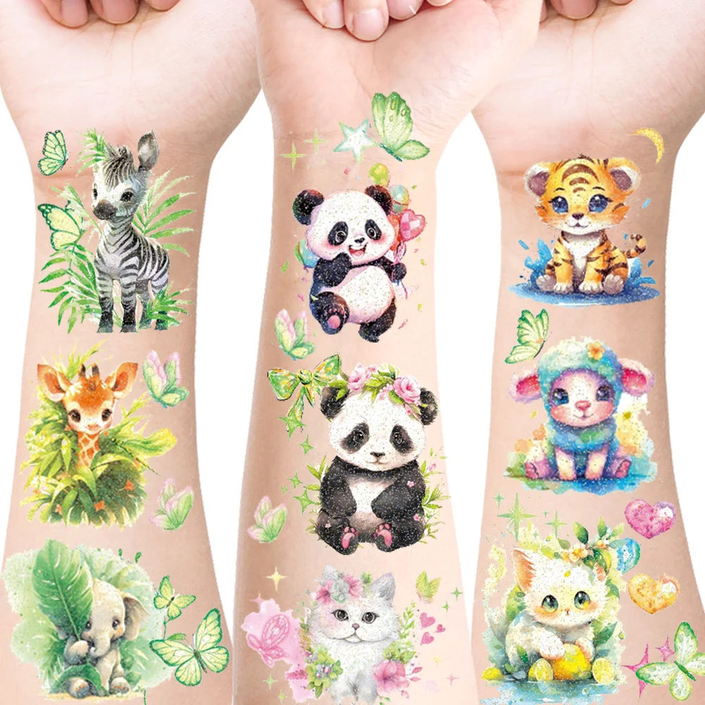 12 Sheets Glitter Animals Dragon Temporary Tattoos,Sparkle Jungle Animals Zebra Giraffe Panda Tiger Elephant Sticker, Gifts