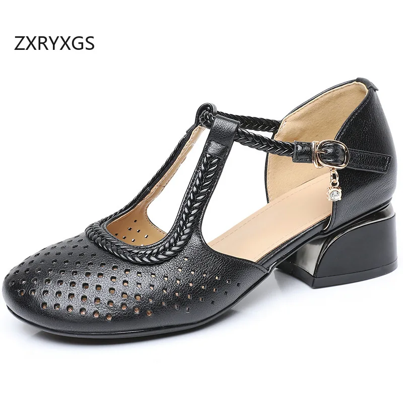 ZXRYXGS Top Cowhide Round Toe Hollow Genuine Leather Sandals Low Heels 2026 Large Size Fashionable Sandals Women Summer Sandals