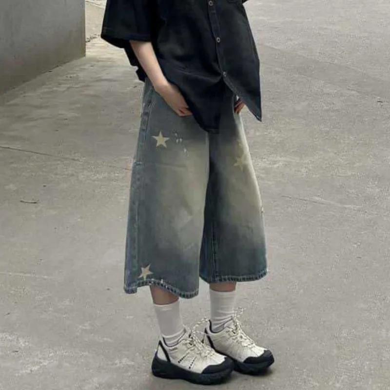 ريترو خمر فضفاض واسعة الساق الجينز أزياء المرأة ستار طباعة Y2K Harajuku الدنيم السراويل عارضة الشارع الشهير عالية الخصر غسلها السراويل
