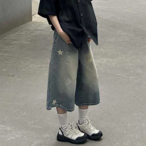 Imagen 2 del producto Vaqueros de pierna ancha holgados Vintage Retro para mujer, pantalones cortos vaqueros con estampado de estrellas Y2K Harajuku, ropa de calle informal, pantalones lavados de cintura alta