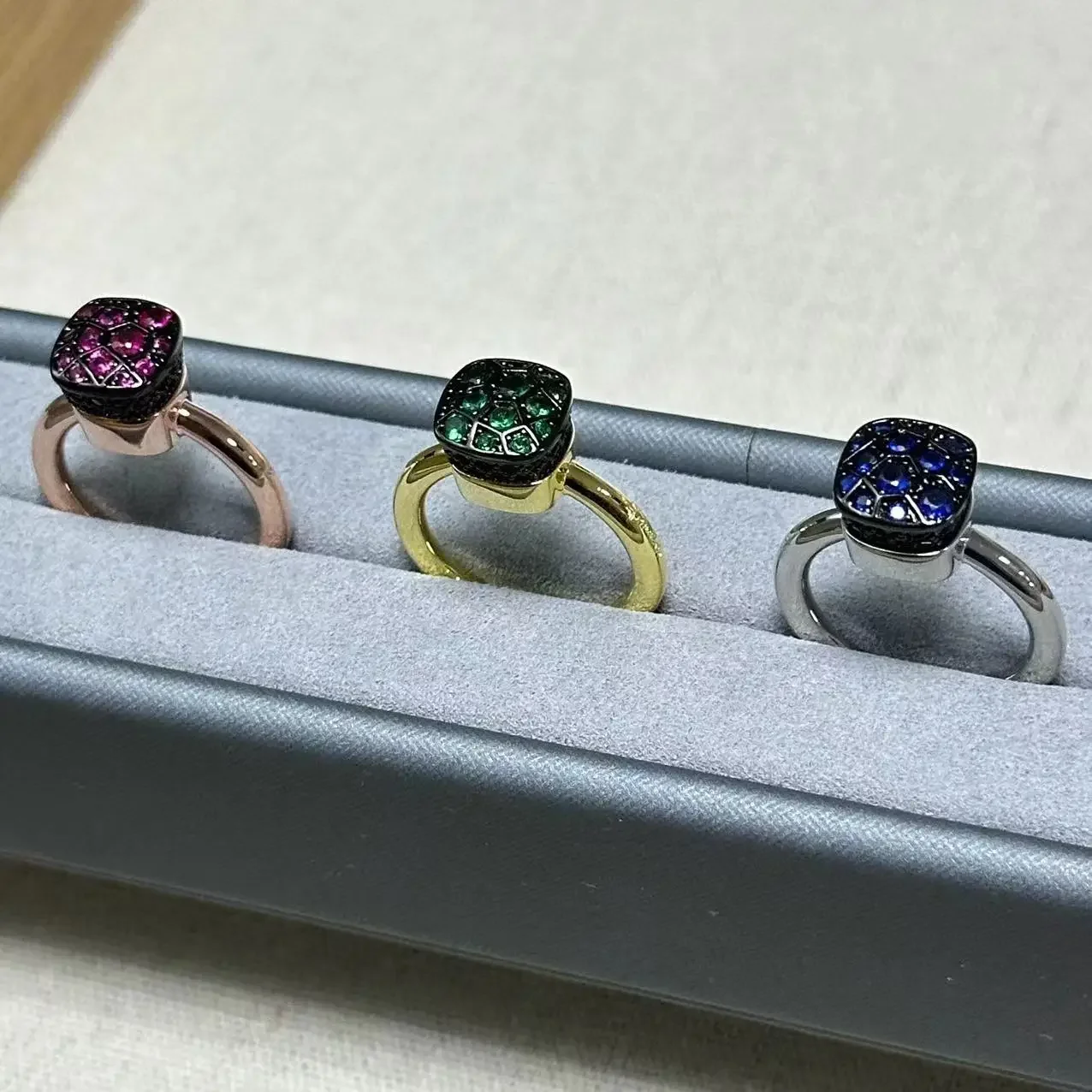 10.6mm Square Honeycomb Ring Gold Plated Green Blue Champagne Amethyst Fashion Jewelry Party Gift