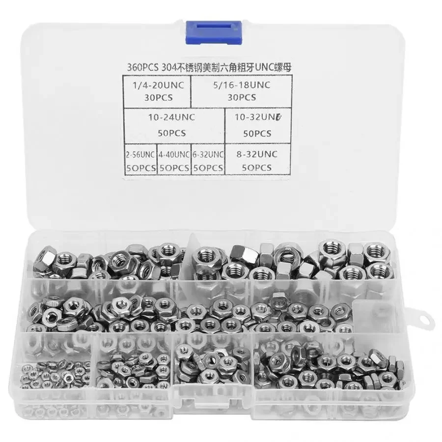 

360pcs Stainless Steel Hex Nut Set Coarse Thread American System UNC Nuts Wood Metalworking Fasteners with Storage Box