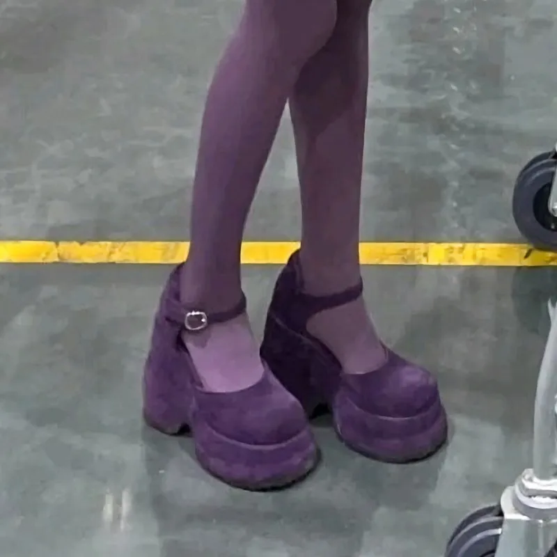 Retro Style Purple Round Toe Platform Women Marry Jane Shoes Chunky High Heels Buckle Strap Design Large Size Pumps Shoes