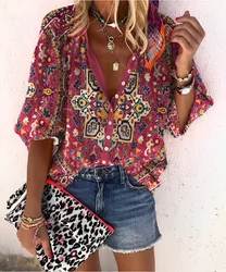 2024 new popular fashion summer European and American women's stand collar loose button retro printed casual shirt