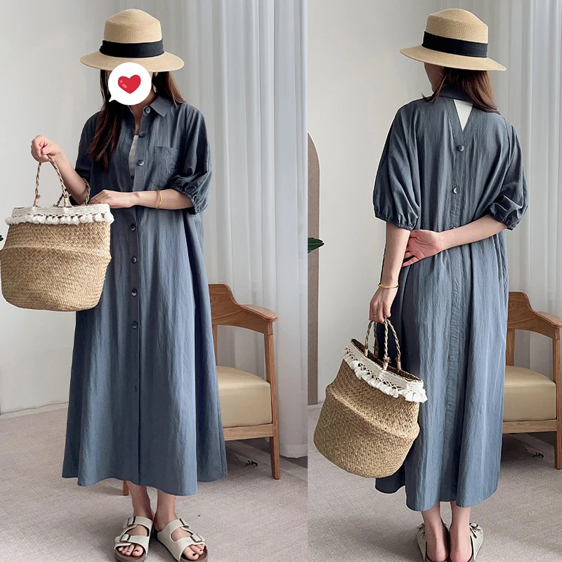 

Selfwill V25 Spring Summer irt Collar Hollow out Long Silk Dr Casual High Waist A-Line Skirt Single Button ort Sve