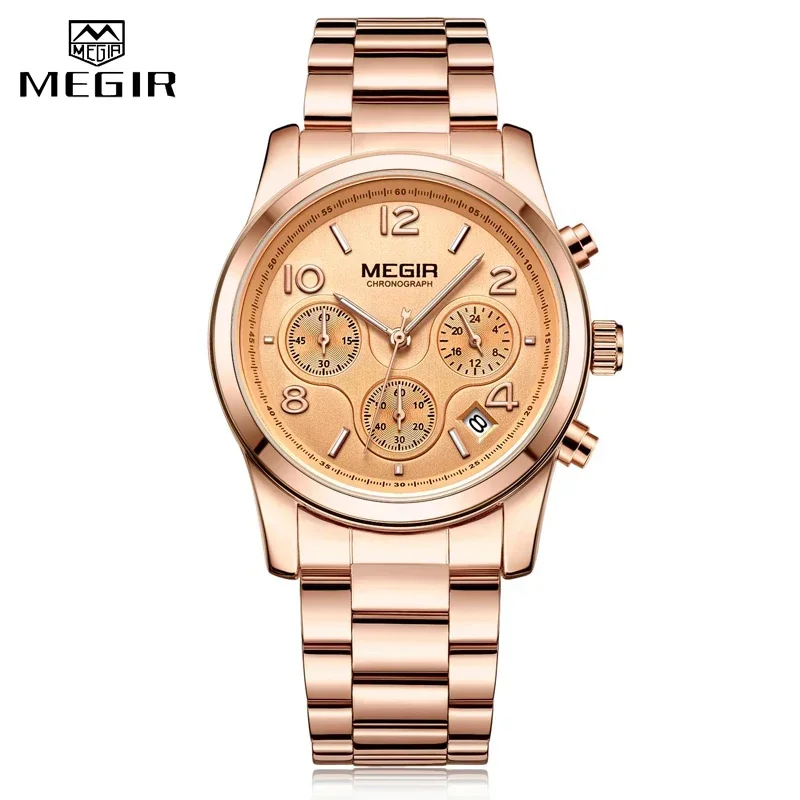 MEGIR แฟชั่นผู้หญิงนาฬิกาสแตนเลส Chronograph แบรนด์หรูสุภาพสตรีสร้อยข้อมือควอตซ์นาฬิกา Rose Gold Relogio Feminino