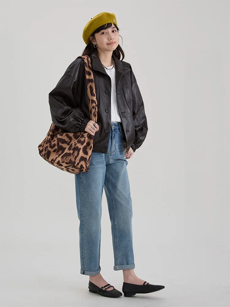 

Dwind ort Collar Leather Jaet Women's Casual Sle Elastic Hemline Warmth Youth Long Sve Pure Color Autumn New Arrival