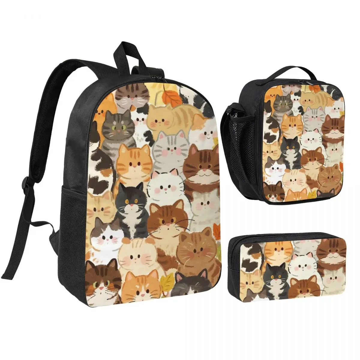 Cartoon Cat Kitten Pattern Backpack Student BookBag School Bag Shoulder Bags 3ps Insulated Lunch Bag Pencil Case