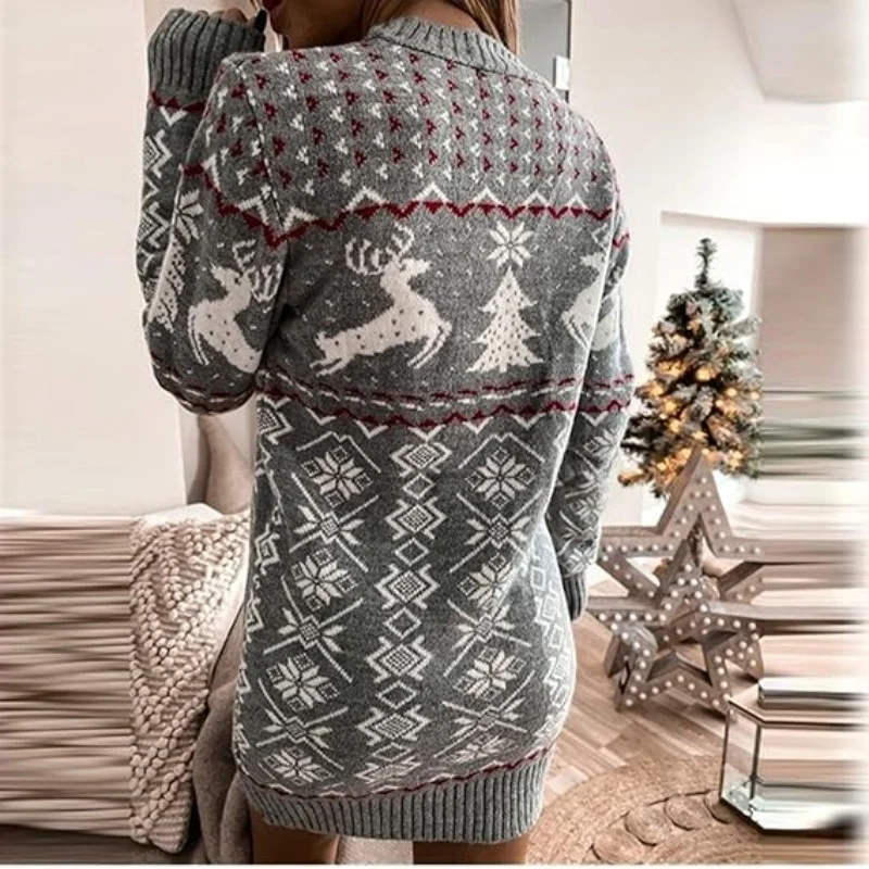 Women\'s Long Sleeve Christmas Sweater Dress Casual Round Neck Pullover Knitted Dress