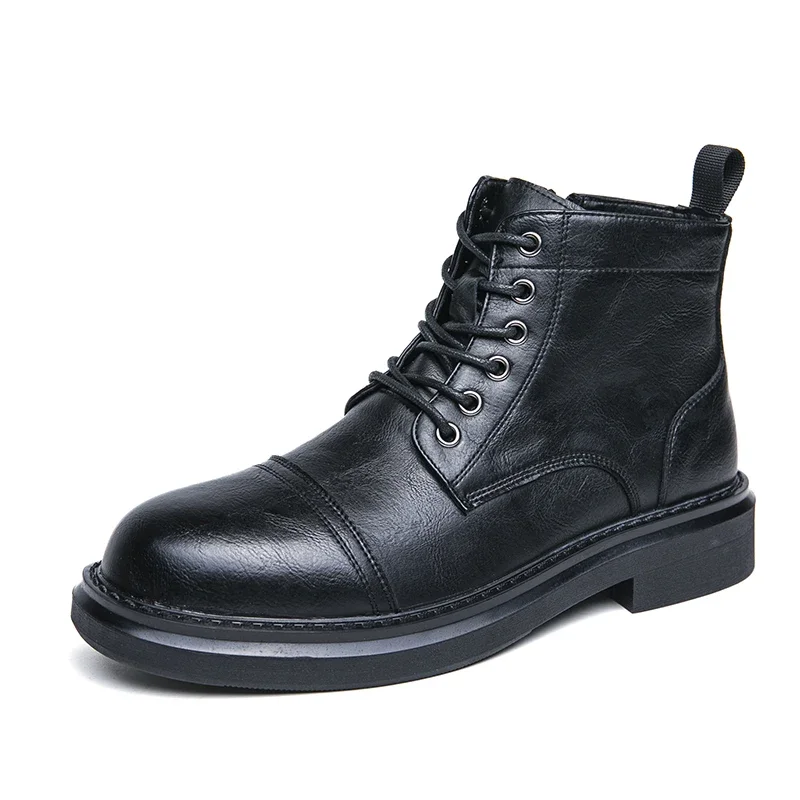 Goodyear work boots Men's head layer cowhide zipper British style vintage ankle boots with fleece Martens leather motorcycle