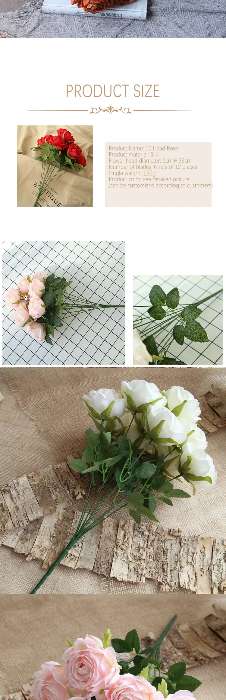10 Rosenköpfe im europäischen Stil, künstliche Pfingstrosen, Brautstrauß, retro-romantische Hochzeitsdekoration, Wohnzimmer, Heimdekoration, Event-Layout – Detail 2