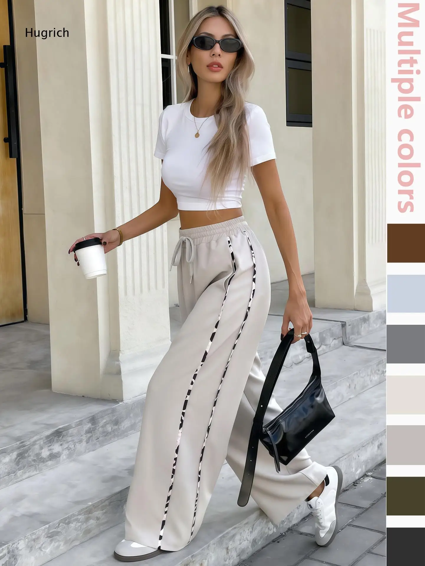 Ladies Leopard Side Striped Wide Leg Trousers Elastic Drawstring Waist Lightweight Streetwear Bottoms