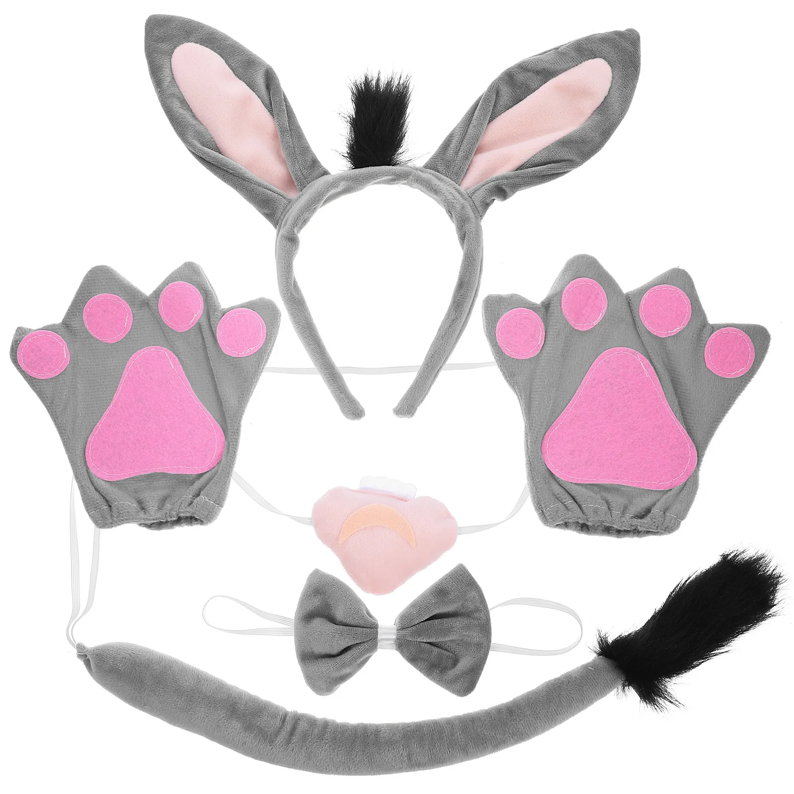1Set Donkey Headband Costume Accessories Animal Ears Tail Bowtie Gloves Party Cosplay Set Donkey Costume Animal Ear Headband