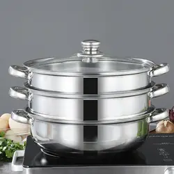 Stainless Steel Steamer 3 Tier Layer Soup Pot Set Kitchen Cookware Food Veg Steam Pan with Glass Lid Gas Stove Furnace Steamer