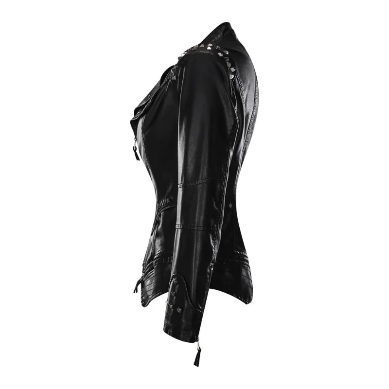 Ladies Motorcycle PU Leather Rivets Double Zip Lapel Autumn Leather Coat Coat Large Size