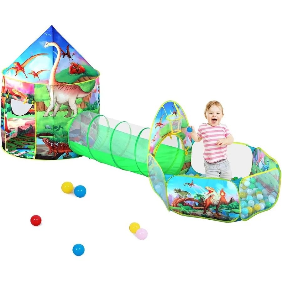 3-teiliges Dinosaurier-Spielzelt für Jungen mit Bällebad, Krabbeltunnel, Spielzelte für Kleinkinder, Baby, Weltraum, Spielhaus, Spielzeug für Jungen, Indoora