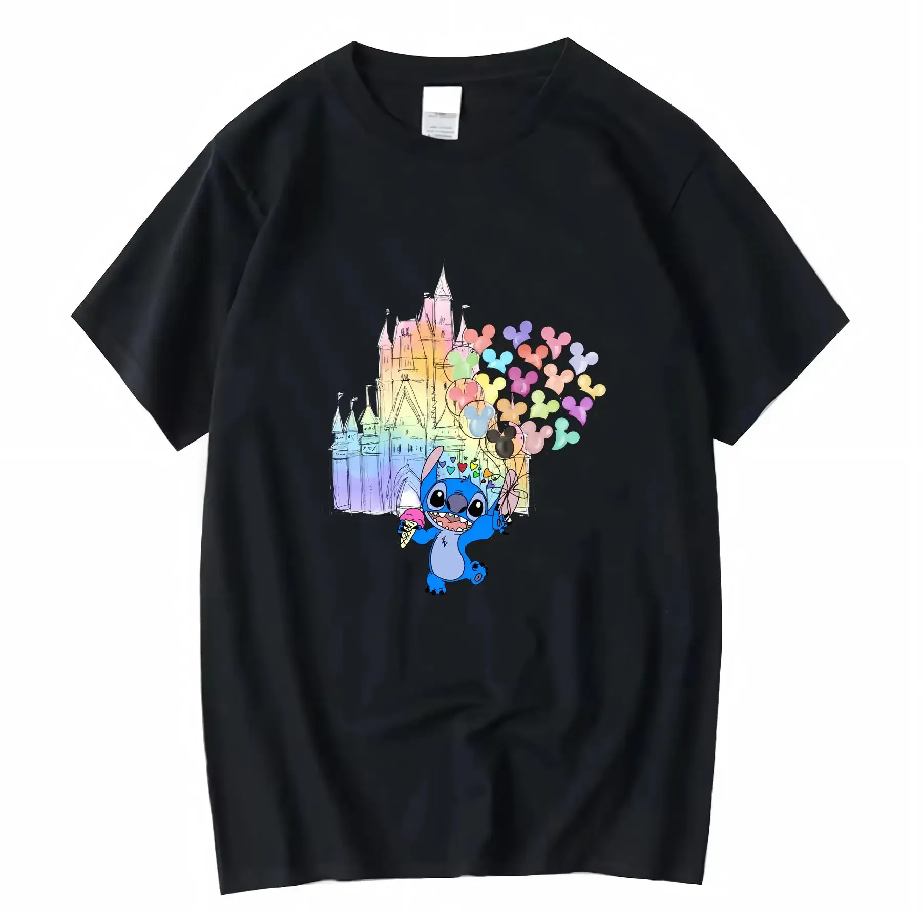 

Disney Stitch акварельный замок воздушный шар семейный отдых путешествия милая футболка 100, винтажная футболка с круглым вырезом, подходит для всех сезонов и возраста
