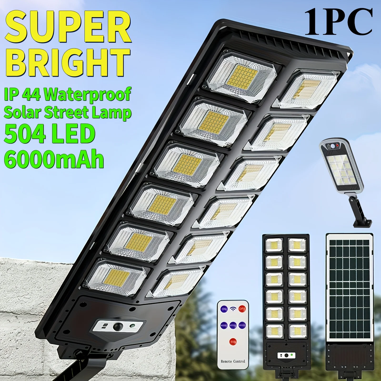 

1pc Solar Street Light Outdoor Waterproof 6500K 3000LM High Brightness 504/144LED Solar Parking Lot Street Light with Foldable Bracket Solar Floodlight (Wide Angle Motion Sensor Remote) Motion Sensor for Commercial Area Lighting, Basketball Court