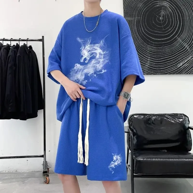Impressão masculina t camisa conjuntos curtos gráfico náilon estiramento kpop marcas originais elástico barato roupas soltas camiseta básica shorts masculinos conjunto