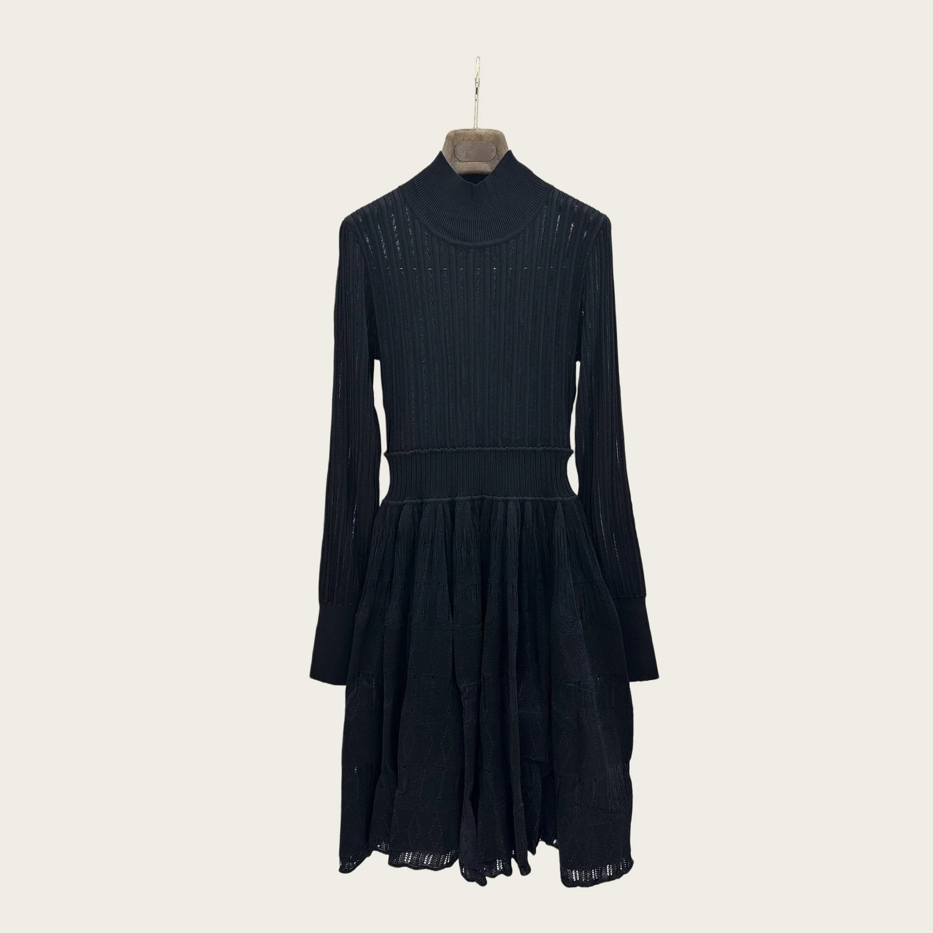 Mock Neck Knit Dress High Waist A‑Line Swing Midi Dress