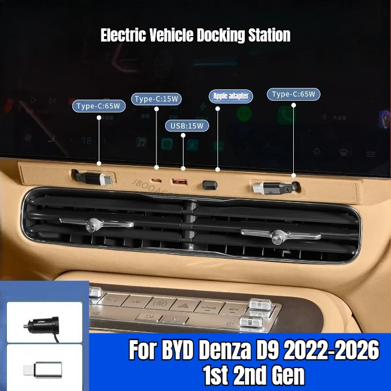 For BYD Denza D9 2022-2026 1st 2nd Gen Car Central Control Docking Station 65W Fast Charger USB C Quick Charge Adapter Modified