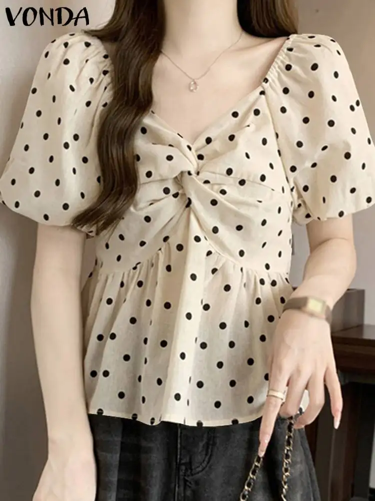 VONDA Women Elegant Blouse 2024 Polka Dot Tops Summer Bohemian Printed Shirts Casual Puff Sleeve V Neck Blusas Tunic Femininas