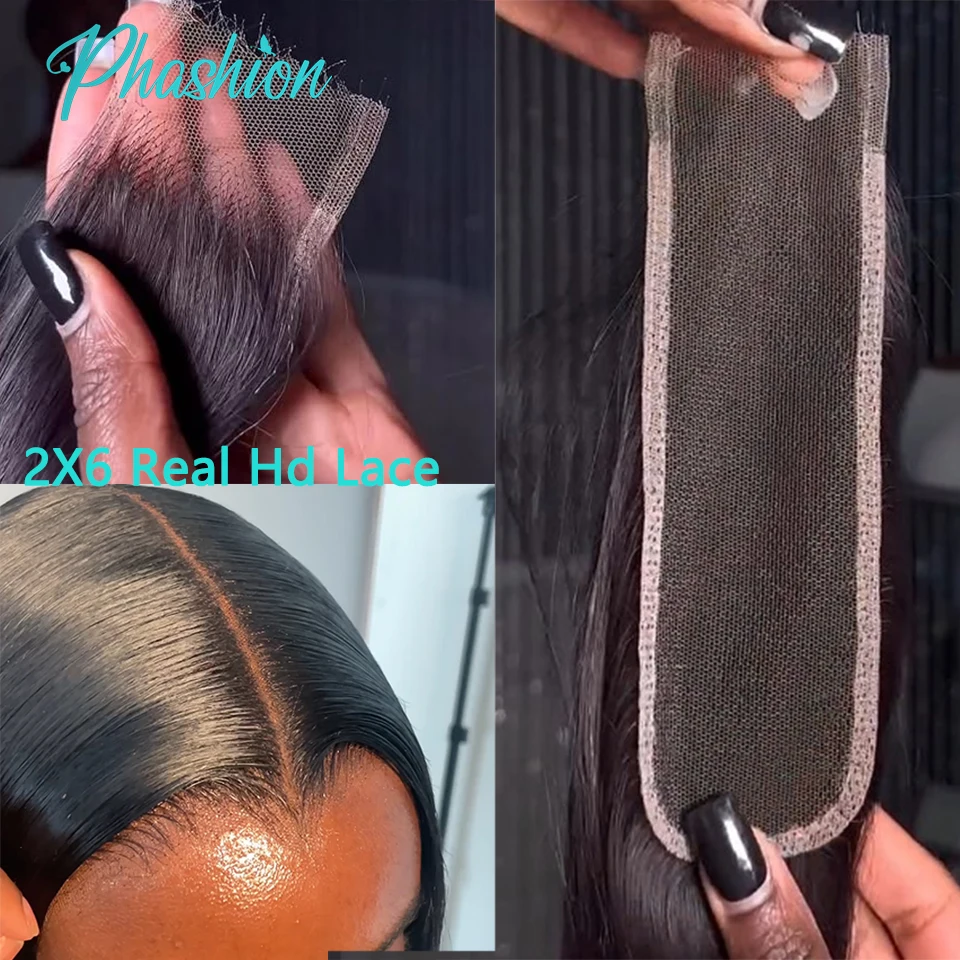 Phashion Kim K 2x6 Swiss Real Hd renda penutup tubuh lurus gelombang bagian tengah dalam rambut manusia 100% Remy Brasil untuk WANITA HITAM