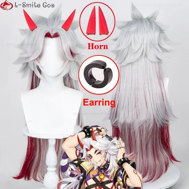 80cm Long Arataki Itto Cosplay Wig Game Genshin Impact Cosplay Horn Prop Accessories Heat Resistant Synthetic Wigs + Wig Cap