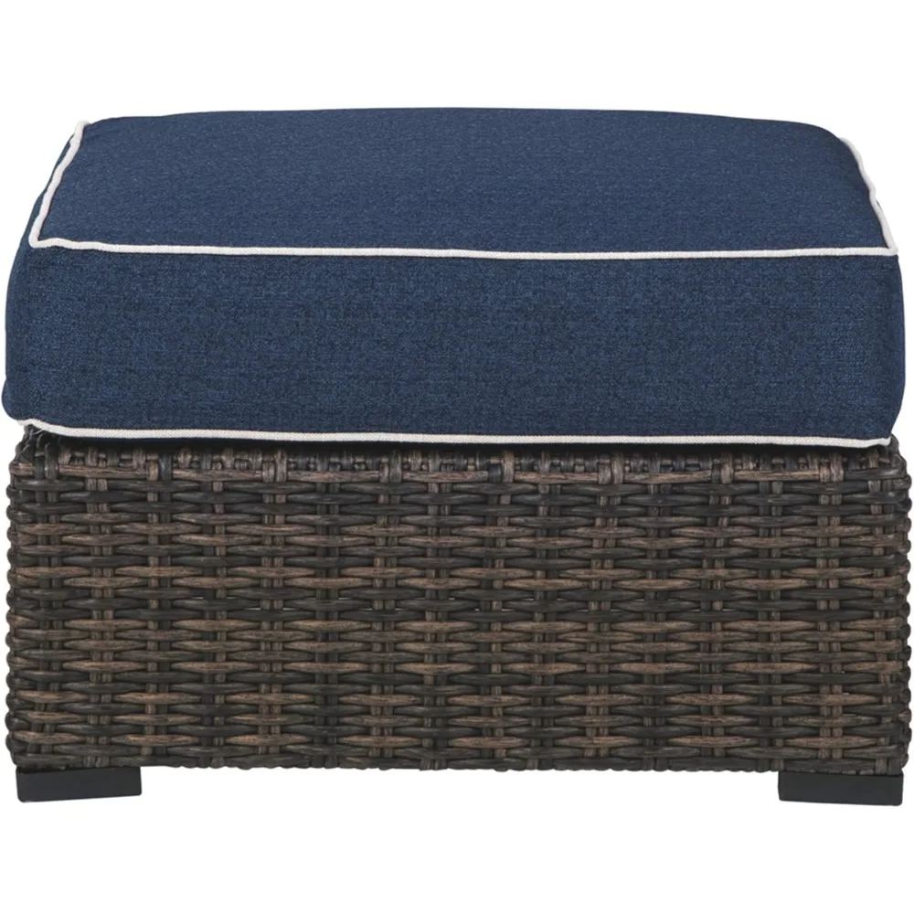 Grasson Lane Outdoor Patio Upholstered Ottoman with Wicker Base, Blue