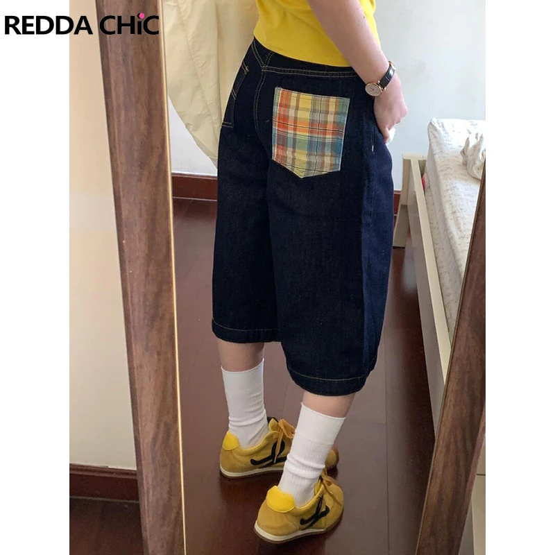 

ReddaChic Dopamine Plaid Pockets Women's Jeans Jorts Loose Casual Wide Leg Denim Short Pants Retro Skater Hiphop Summer Clothes