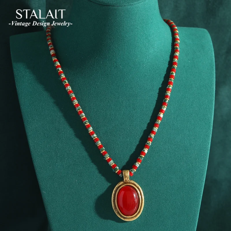 

Новое ожерелье с подвеской из бисера, антикварные ювелирные изделия, красный агат, натуральный альтернативный камень с зеленым стеклом, винтажные аксессуары для женщин