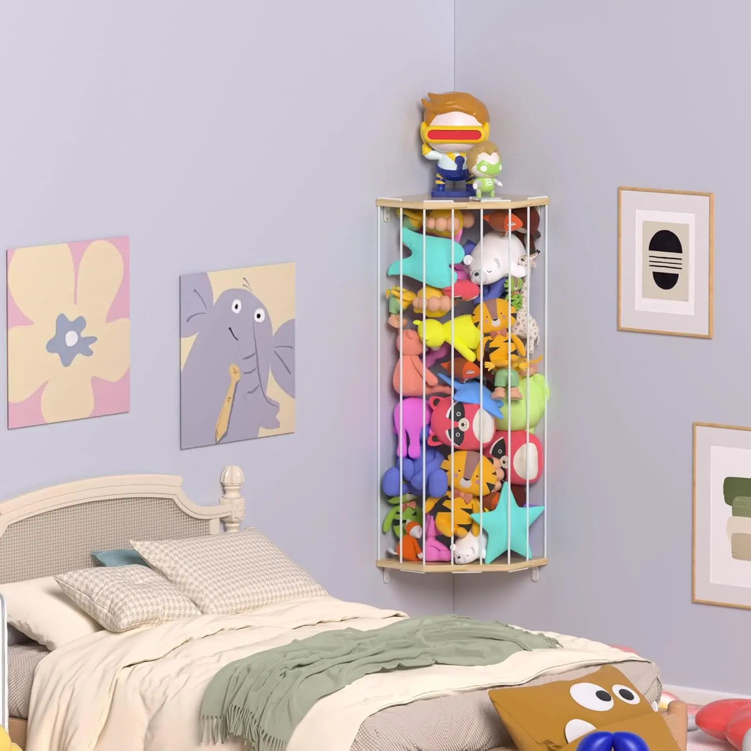 Wall Mounted Double Tier Wood Corner Stuffed Animal Organizer Storage Shelf Holder For Living Room Mail Use