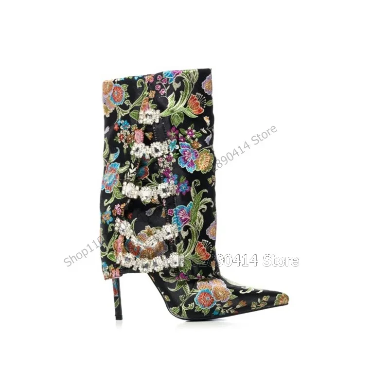 

Colorful Floral Embroidery Crystal Decor Boots Mid Calf Slip On Women Shoes Thin High Heels Pointed Toe 2023 Zapatos Para Mujere