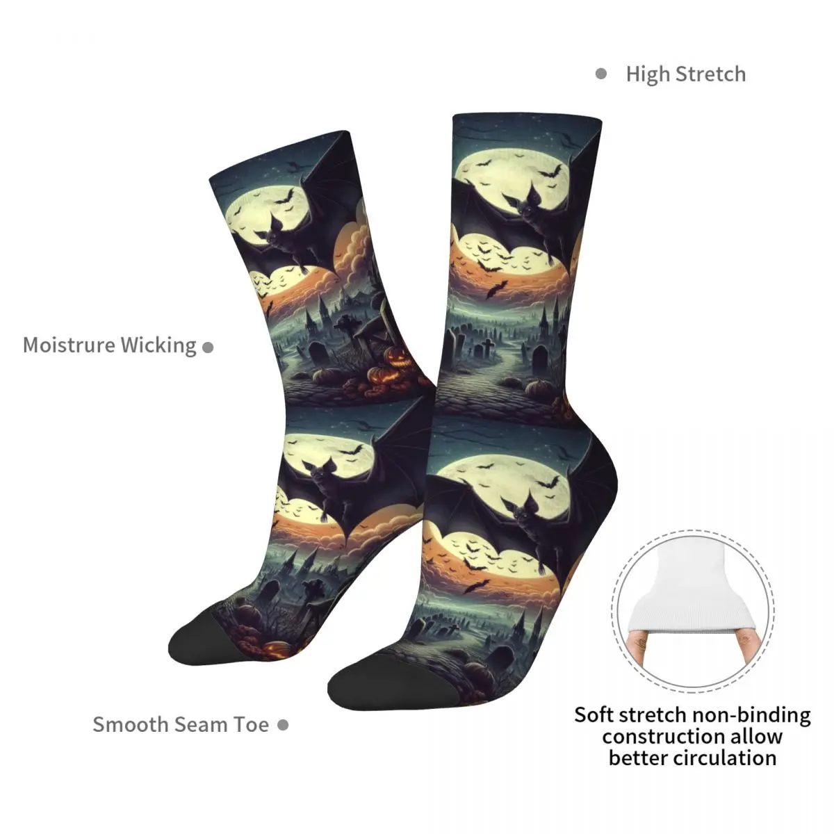 Black Bat Over Graveyards With Full Moon Halloween Pumpkin Socks Harajuku Stockings All Season Long Socks for Man's Woman's Gift